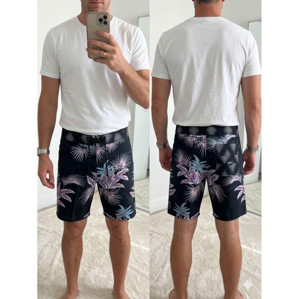 NWT Billabong Board Shorts Mens 28 Black Floral Palm Swim Sundays Air Lite